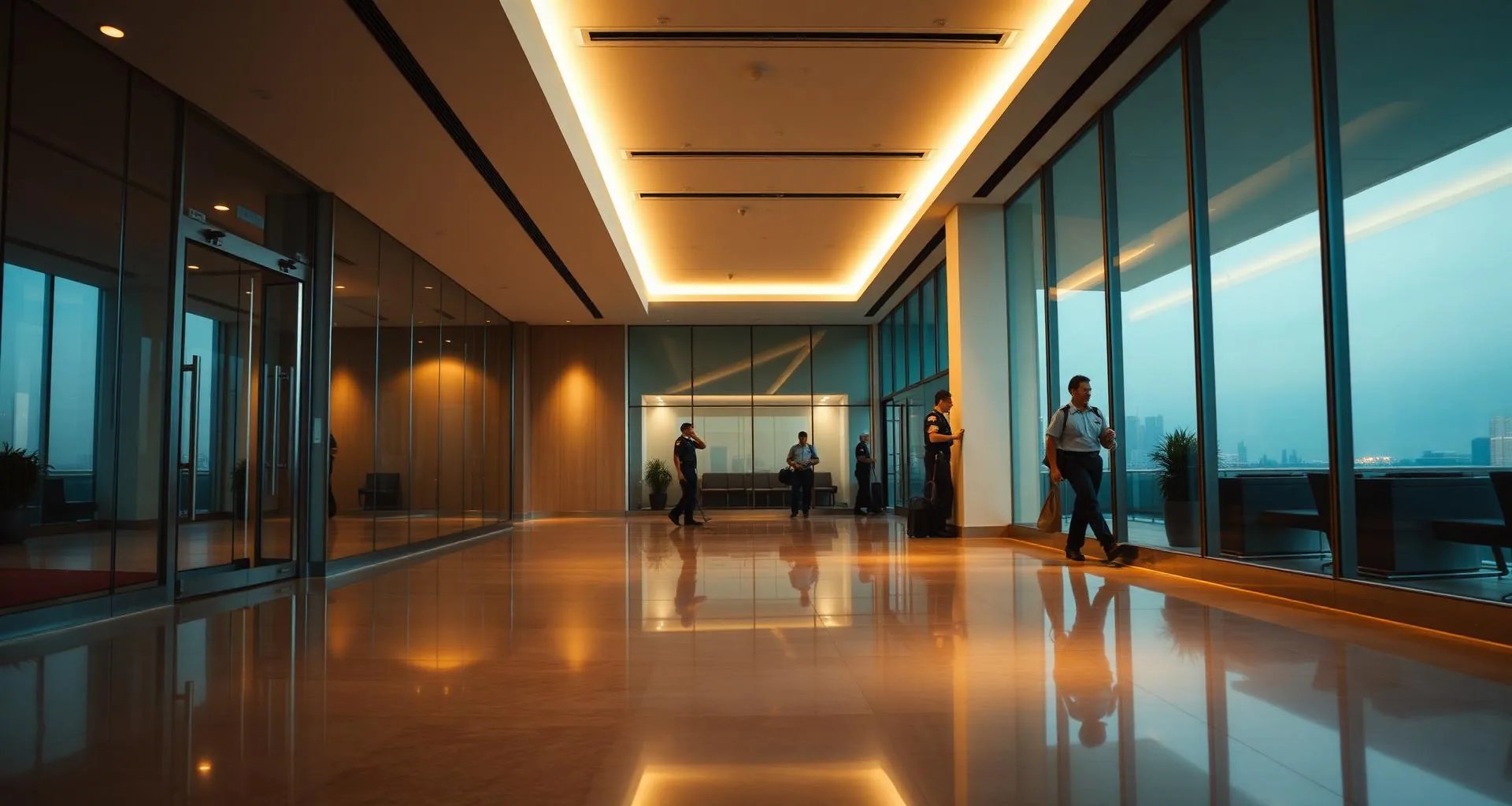 Premium Cleaning Services crew at a New Jersey commercial lobby at dawn